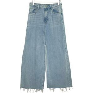 Forever 21 29 Womens Super Wide Leg Raw Hem Jeans High Rise Light Wash